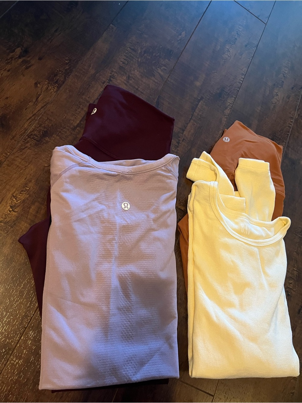 lululemon Women's 2 Leggings & 2 Top Set - Deep Maroon, Rust, yellow, muave